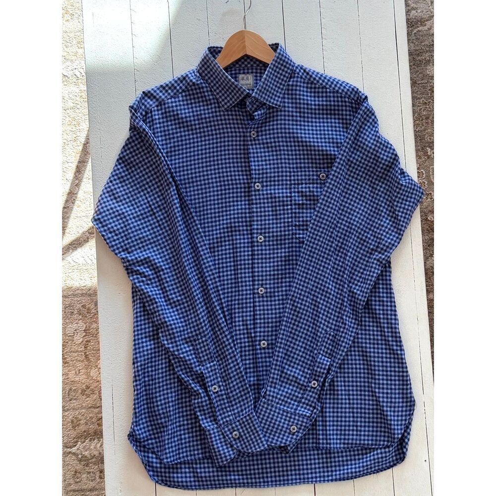 IKE BEHAR Regular Fit 100% Cotton Gingham Check Shirt Navy Light Blue USA Made